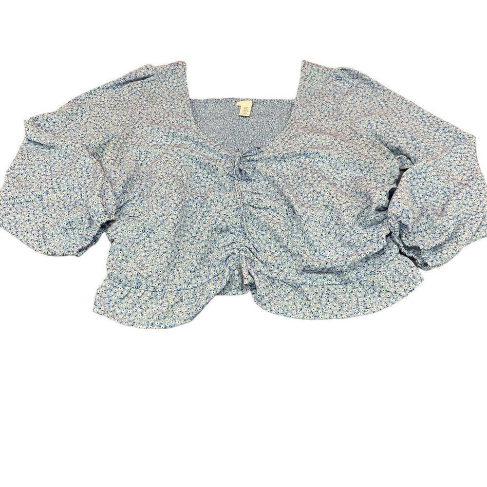 HM Womens Blue Floral Boho Cropped Back Blouse Long Puffed Sleeves Size 2XL READ